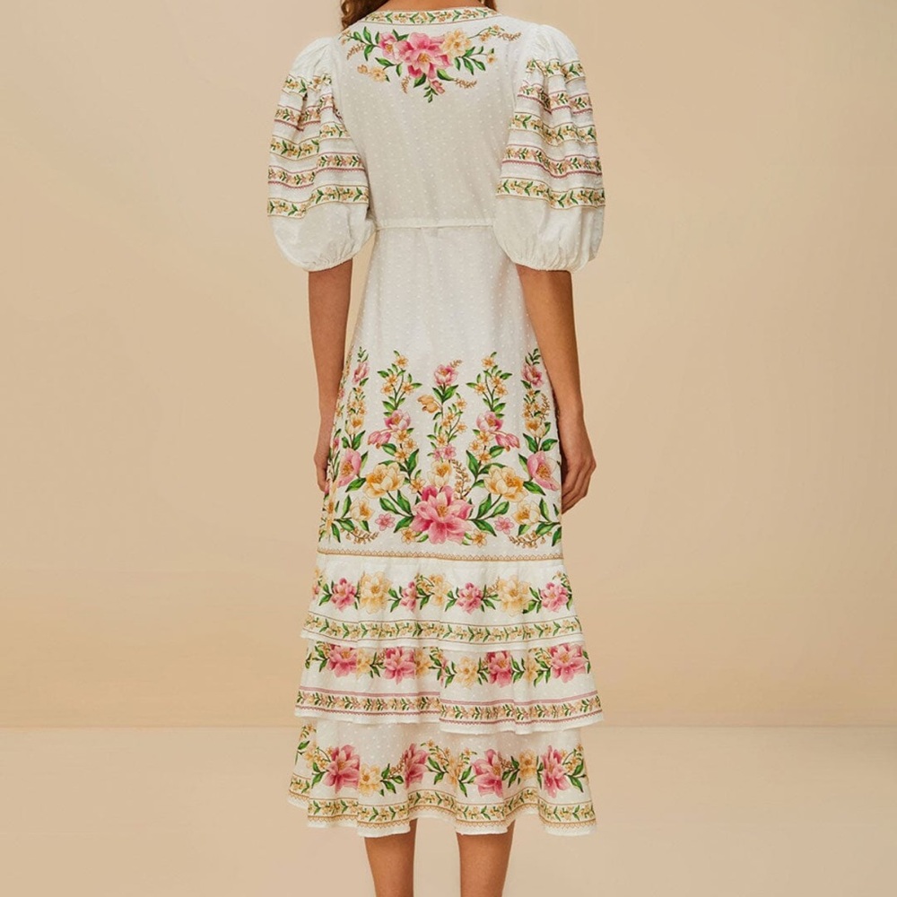 FARM RIO OFF WHITE PALM DREAM WRAP MIDI DRESS